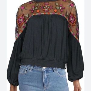 Free People Black Top with Colorful Embroidered Sheer Yoke